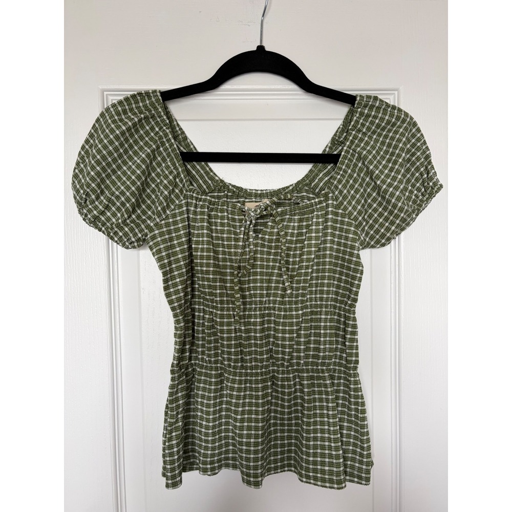 Madewell Green Gingham Plaid Puff Sleeve Peplum Top XXS Tie Neck Smocked Waist